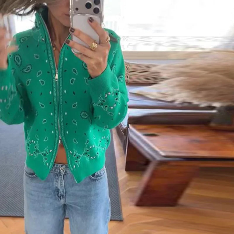 Women's Patterned Zip And Button Front Cardigan Casual Knit Layer