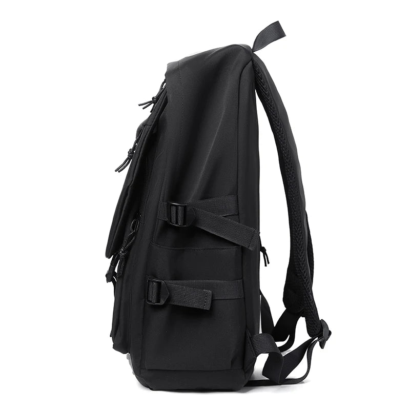 Plain Laptop Backpack with Multiple Pockets and Side Buckle Strap Details