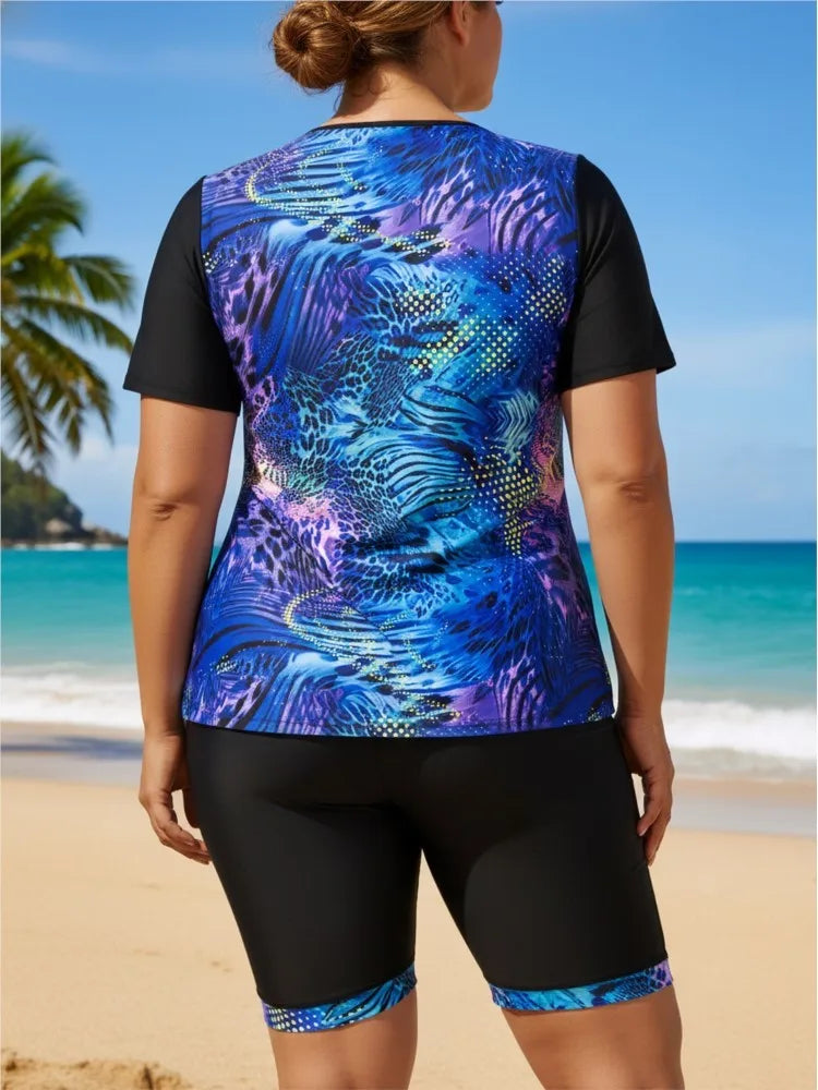 Women's Printed Short Sleeve Swim Top and Long Shorts Set