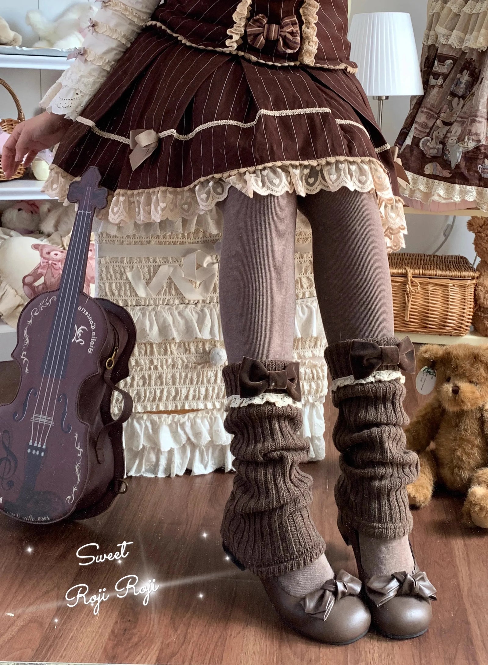 Ribbed Leg Warmers with Decorative Lace and Bow Trim