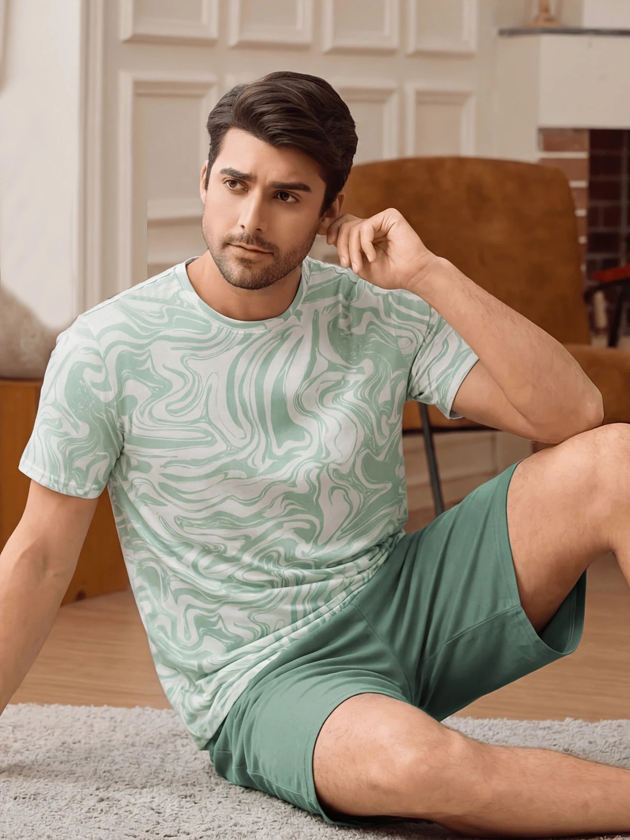 Men's Bear Print T Shirt and Shorts Pajama Set