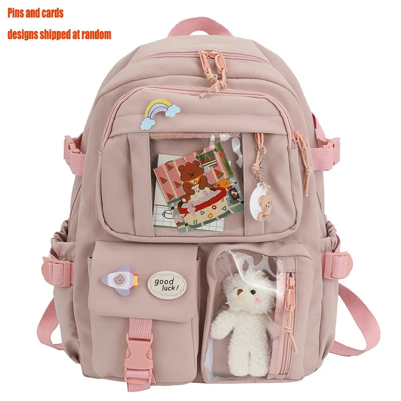 Multi-Pocket Student Backpack with Transparent Display Panels and Side Strap Details