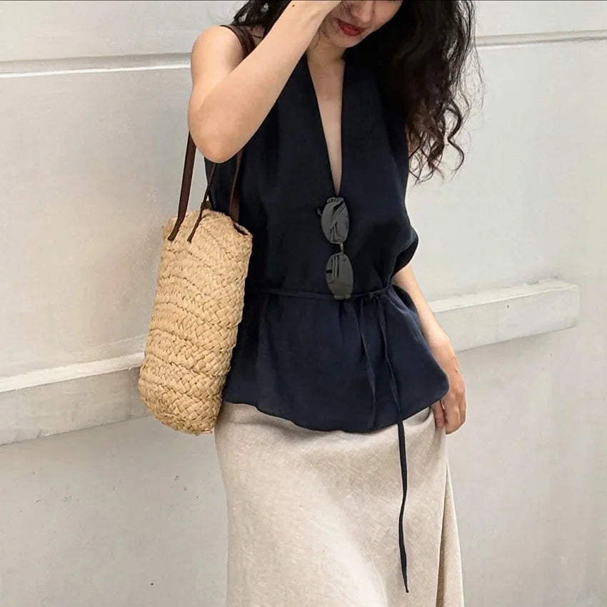 Women's Halter Tank Top with Draped Front and Ties at the Back