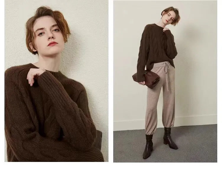 European autumn and winter cashmere sweater women's crewneck twist sweater loose cover to wear pure wool knitted bottom thick
