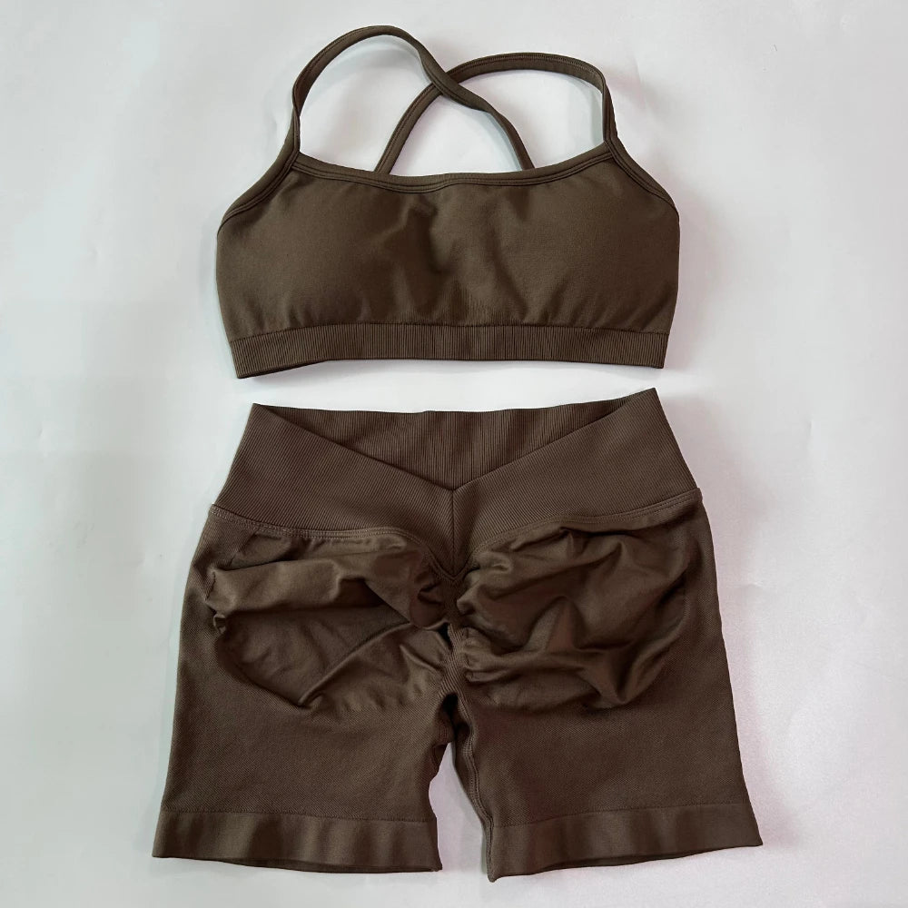 Women's Cross Strap Bra And Shorts Yoga Set