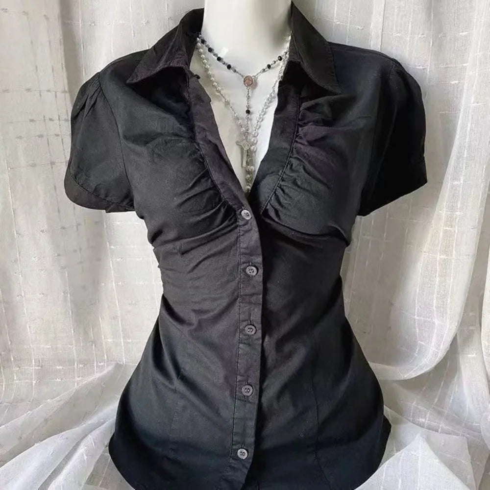 Women's Fitted Ruffle Detail Short Sleeve Shirt