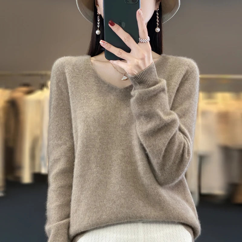 Women's V Neck Long Sleeve Sweater Casual Knit Layer