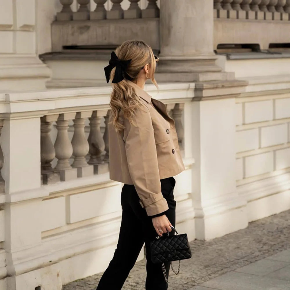 Cropped Double-Breasted Long-Sleeve Trench Jacket