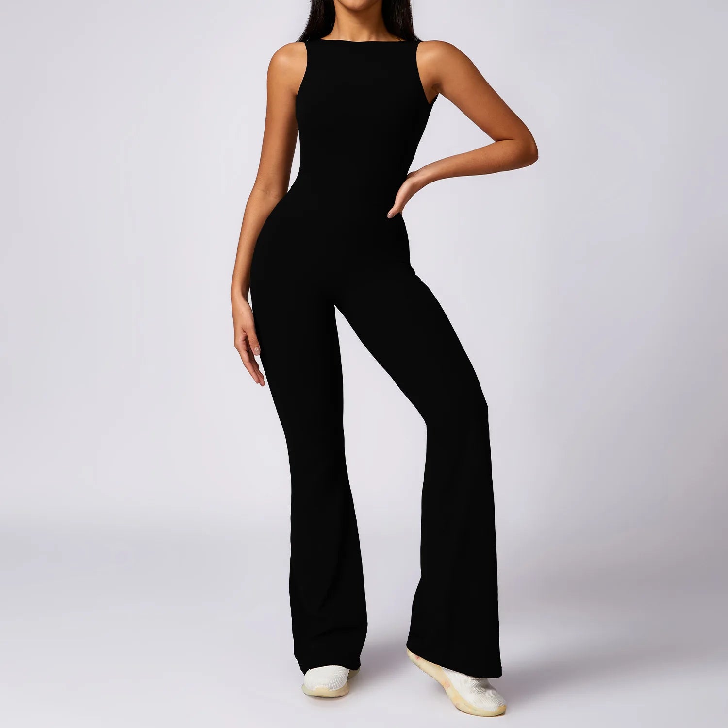 Women's High Neck Nylon Blend Flared Workout Jumpsuit with Scoop Back