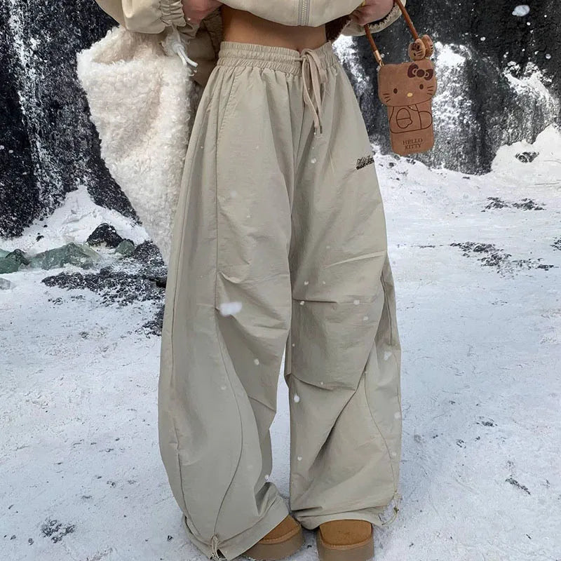 Women's Baggy Winter Pants with Letter Embroidery and Wide Legs