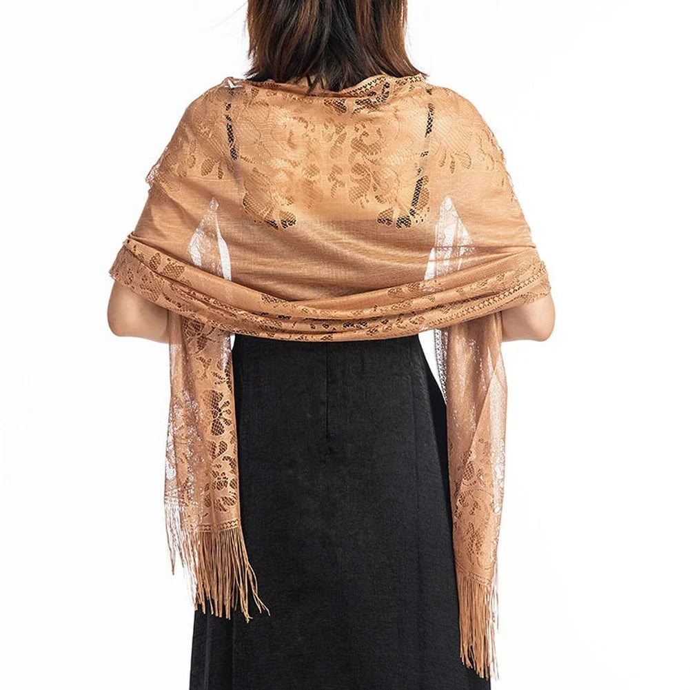 Floral Lace Fringed Wrap Scarf for Layering over Outfits