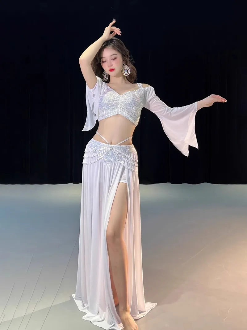 Women's Belly Dance Outfit with Flared Sleeves and Long Split Skirt