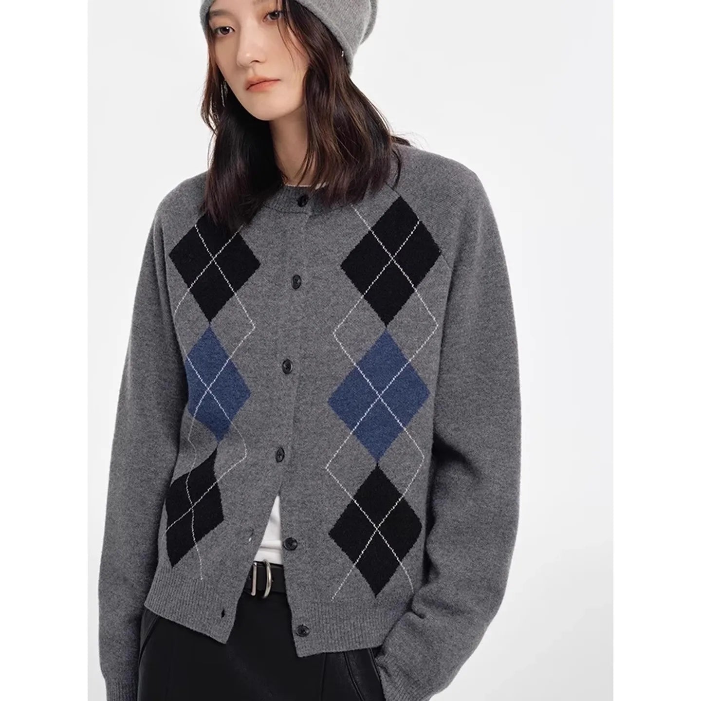 Autumn diamond-shaped cardigan women 100 pure cashmere sweater European high-end color-blocking knitted sweater coat