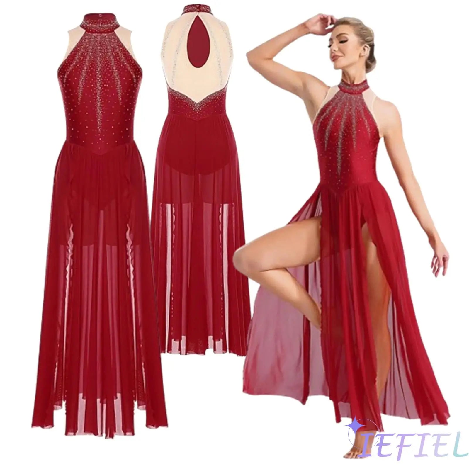 Women's Sleeveless Rhinestone Lyrical Dance Dress with Long Split Mesh Skirt