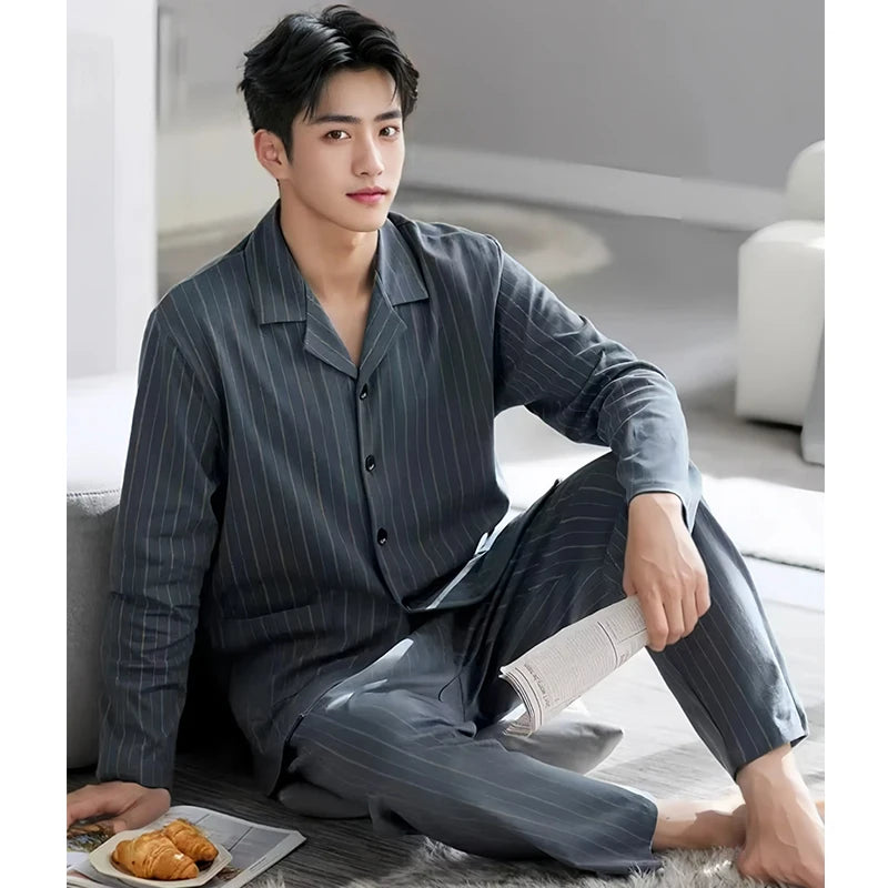 Men's Printed Button Front Long Sleeve Shirt and Pants Pajama Set