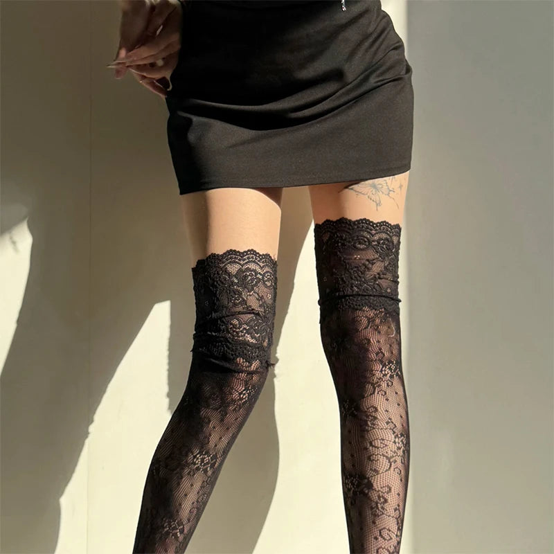 Floral Lace Thigh High Stockings with Decorative Cuffs