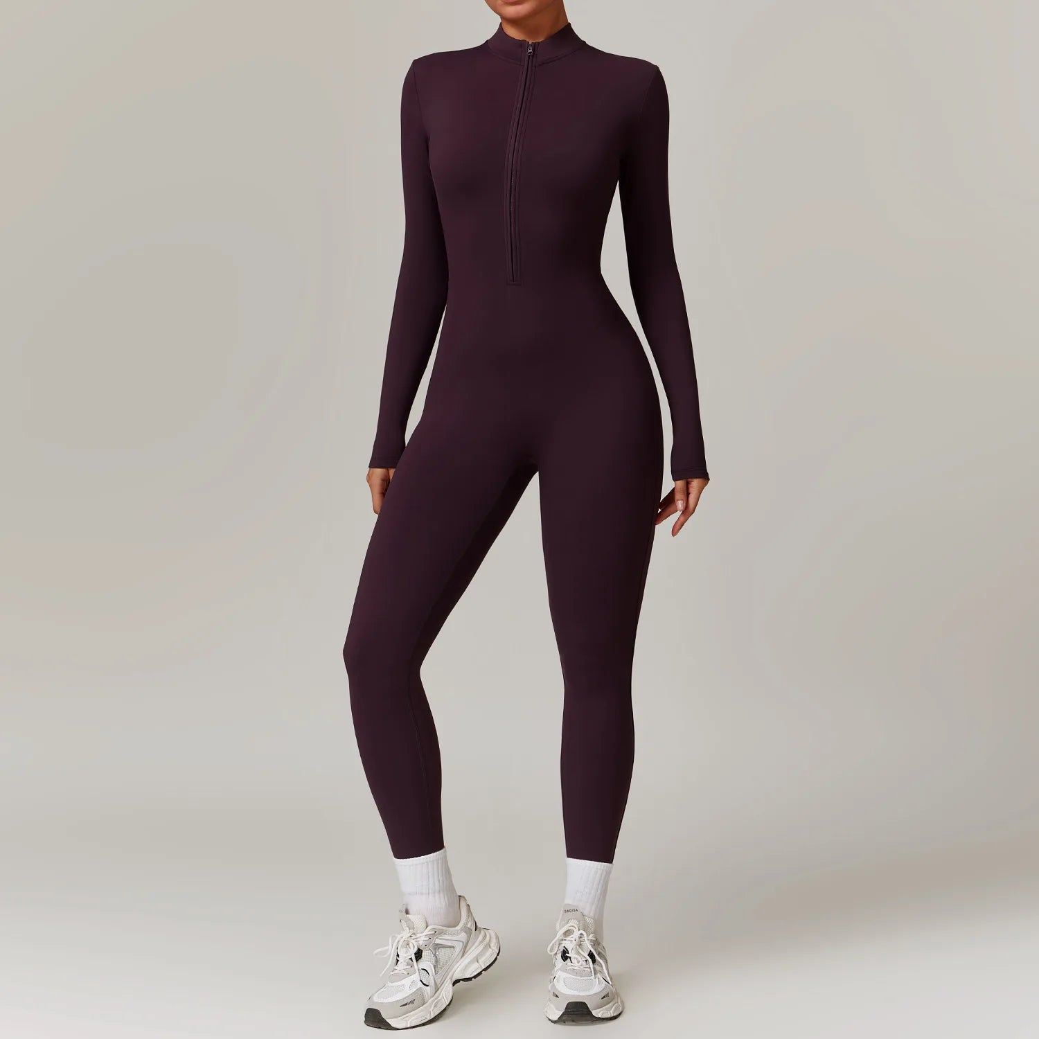 Women's Long Sleeve Nylon Blend Workout Jumpsuit with Front Zipper and Collar