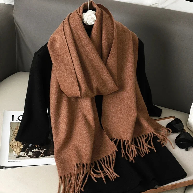 Solid Long Rectangular Scarf with Decorative Fringe Trim