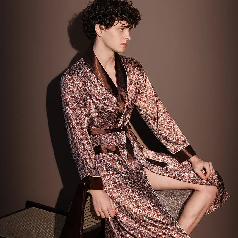 Men's Printed Long Sleeve Tie Waist Lounge Bathrobe