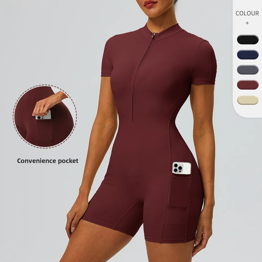 Women's Short Sleeve Zip Front Workout Romper with Open Back