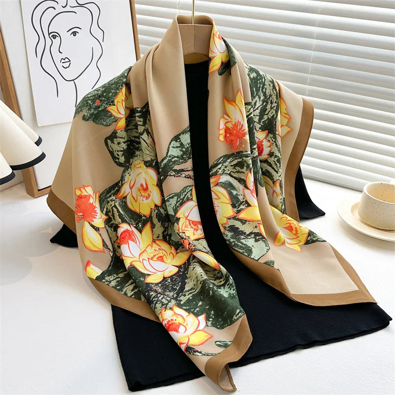 Printed Large Square Scarf with Decorative Border Designs