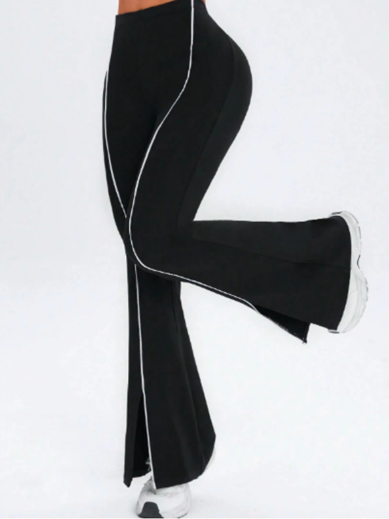 Women's High Waist Polyester Blend Flared Workout Pants with Contrast Piping