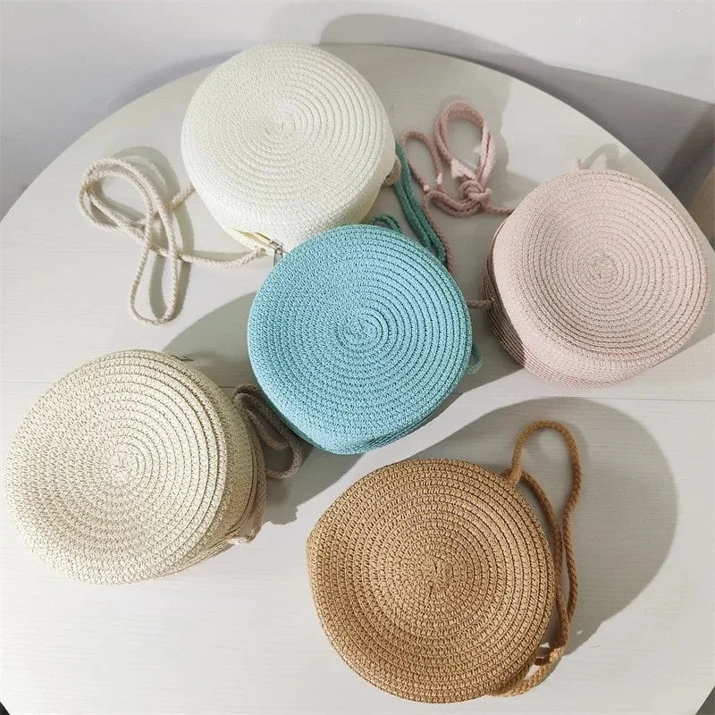 Round Woven-Look Crossbody Shoulder Bag with Zipper for Everyday Outfits