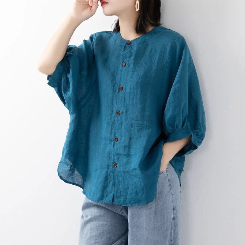 Women's Stand Collar Gathered Sleeve Loose Shirt