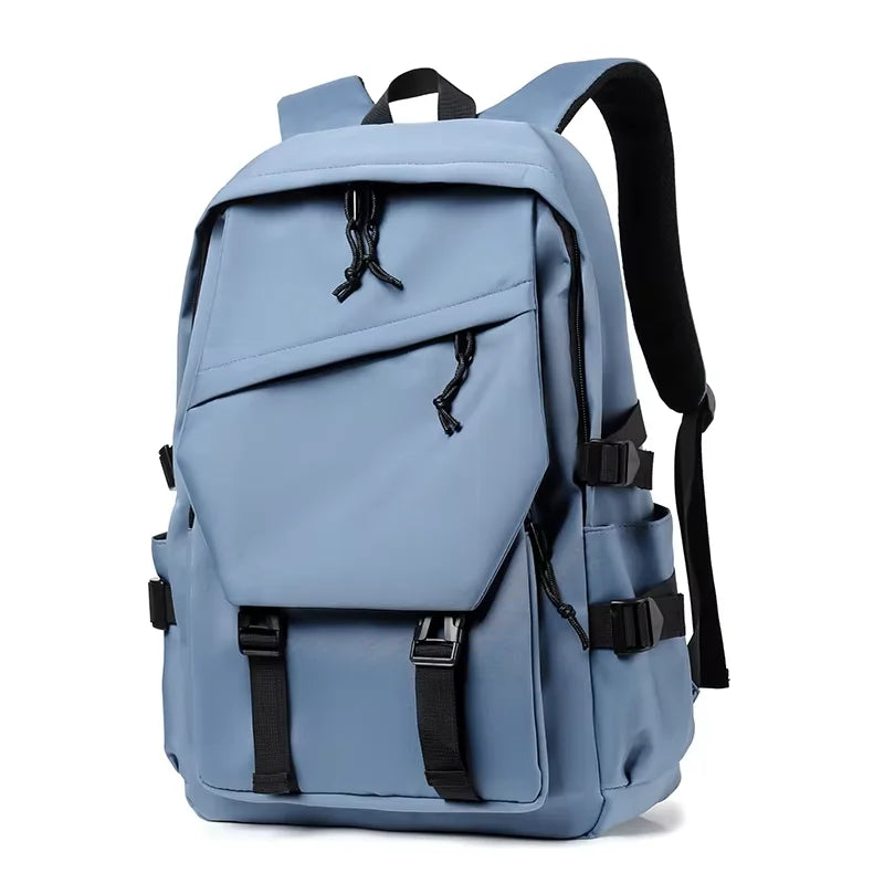 Plain Laptop Backpack with Multiple Pockets and Side Buckle Strap Details