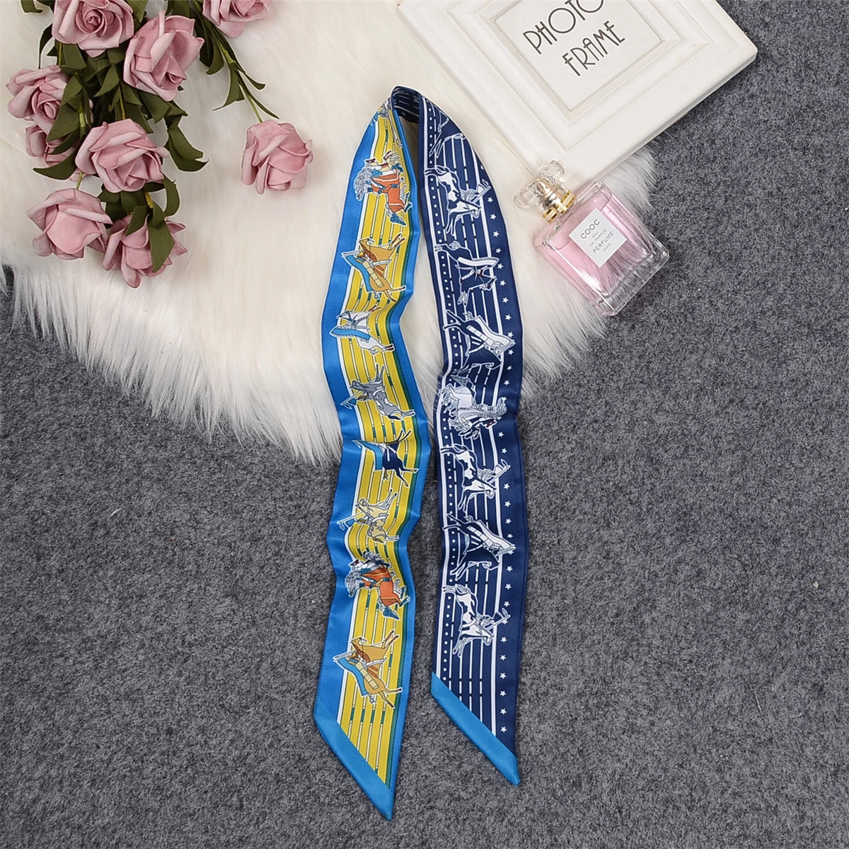 Horse Motif Skinny Ribbon Scarf with Printed Designs