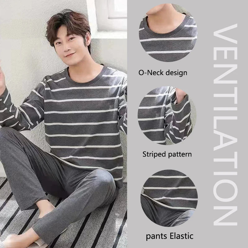 Men's Striped Long Sleeve Crew Neck Top and Pants Pajama Set