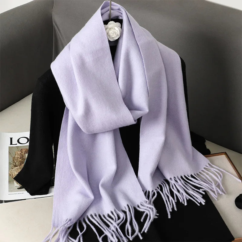 Solid Long Rectangular Scarf with Decorative Fringe Trim