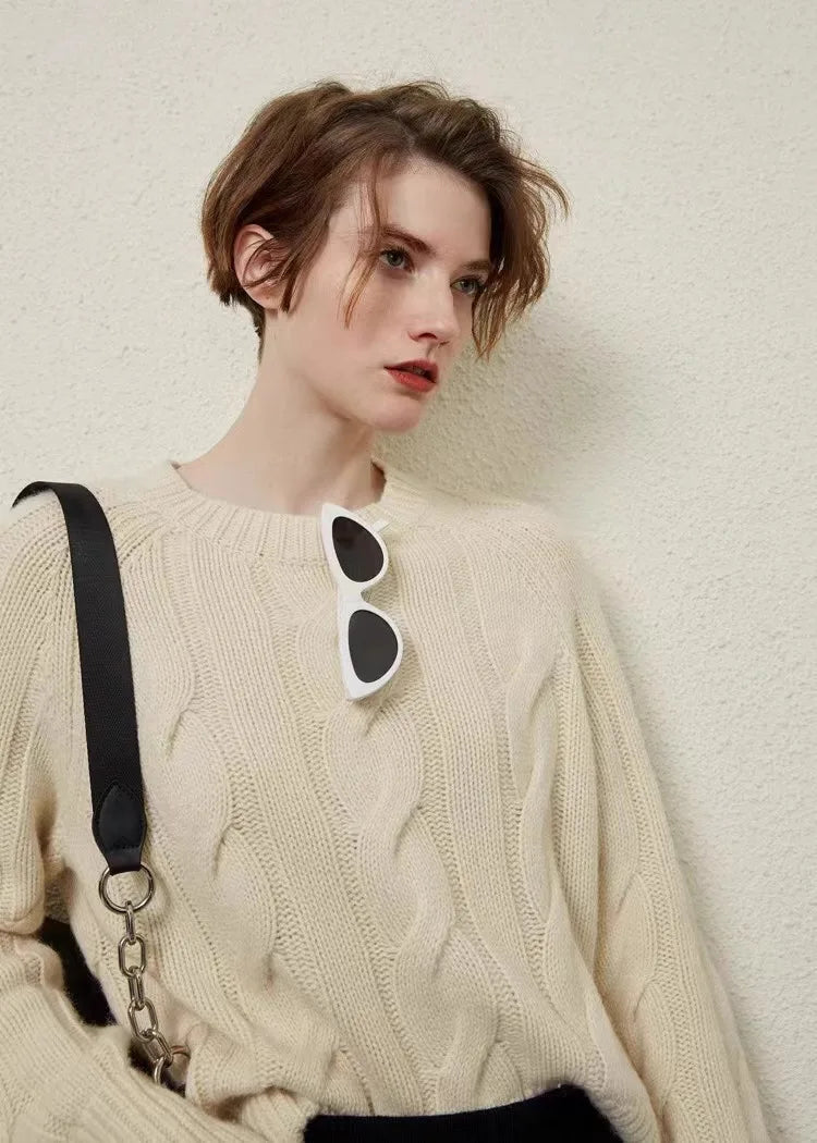 European autumn and winter cashmere sweater women's crewneck twist sweater loose cover to wear pure wool knitted bottom thick