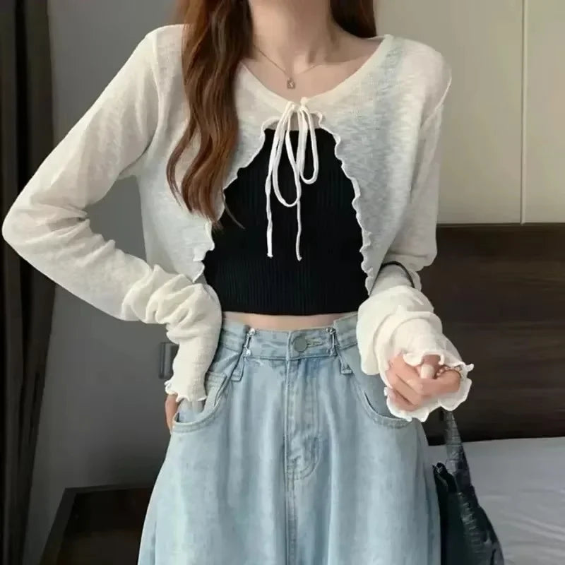 Women's Tie Front Cropped Long Sleeve Cardigan Casual Knit Layer
