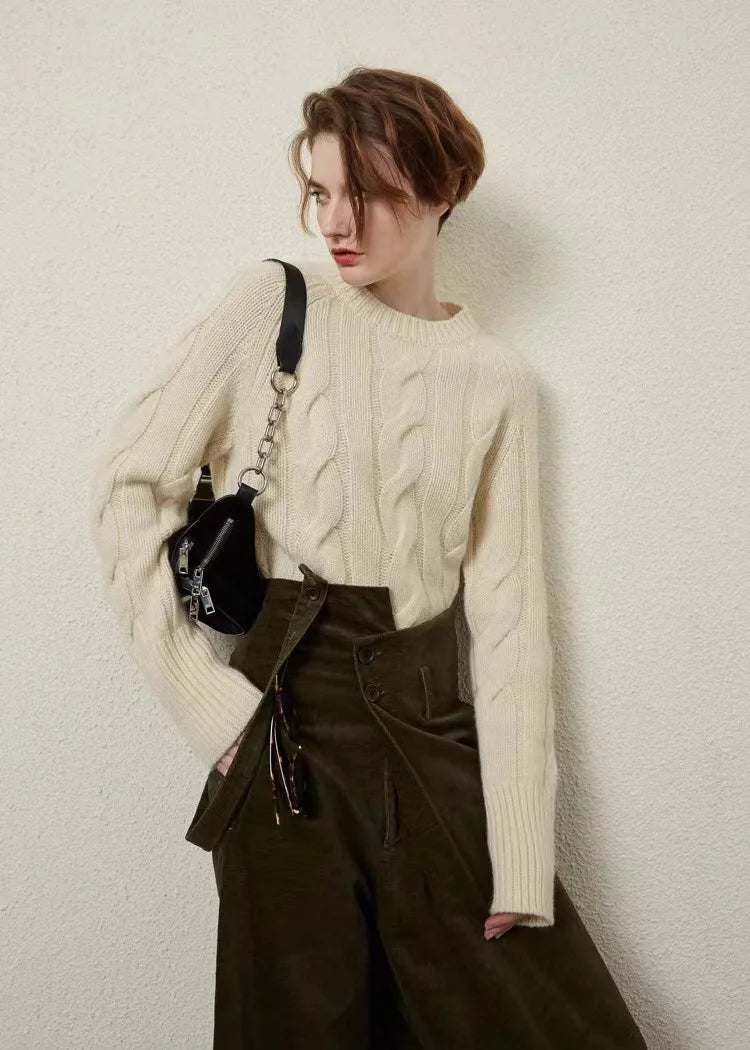 European autumn and winter cashmere sweater women's crewneck twist sweater loose cover to wear pure wool knitted bottom thick