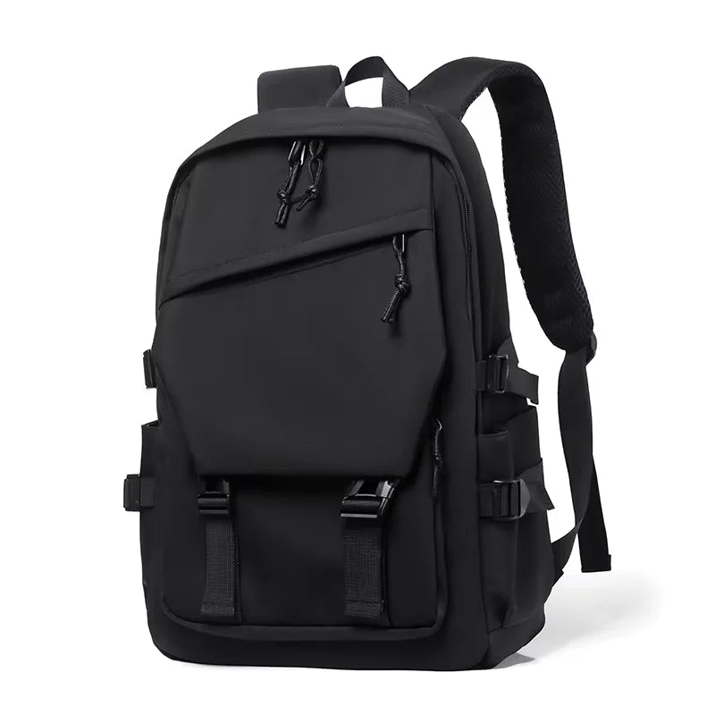 Plain Laptop Backpack with Multiple Pockets and Side Buckle Strap Details