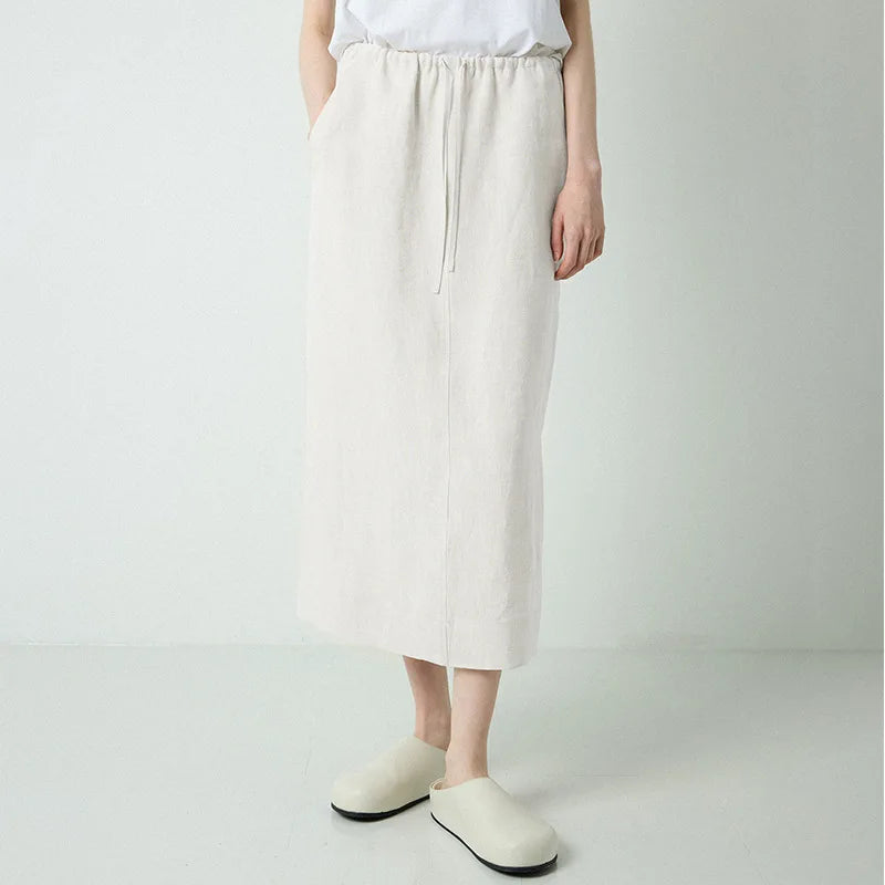 Women's Linen Straight Midi Skirt with Pockets for Casual Summer Everyday Outfits