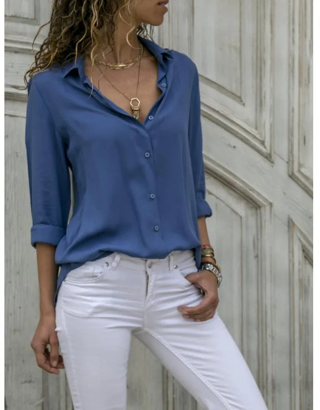 Women's Collared Roll Sleeve Button Front Shirt
