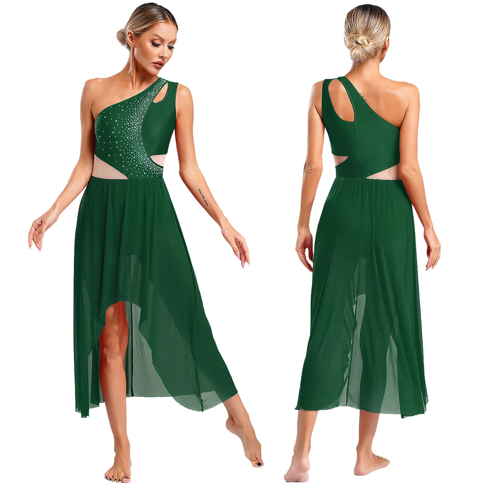 Women's Asymmetric Rhinestone Dance Dress with Split Mesh Skirt Styles