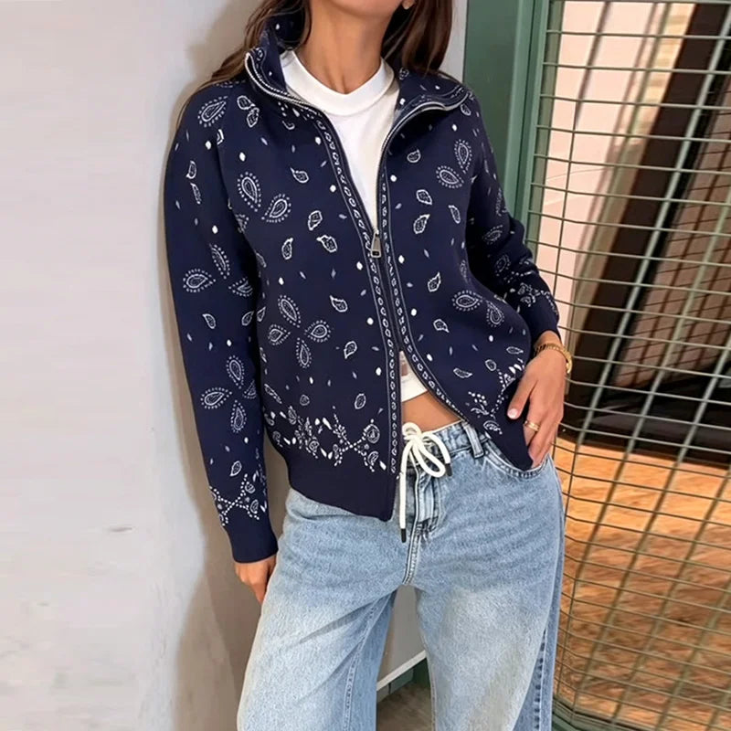 Women's Patterned Zip And Button Front Cardigan Casual Knit Layer