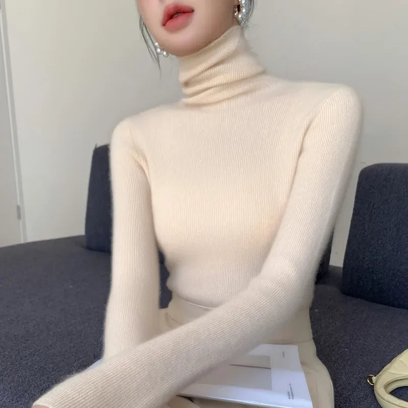 Women's Fitted Roll Neck Long Sleeve Sweater Casual Knit Layer