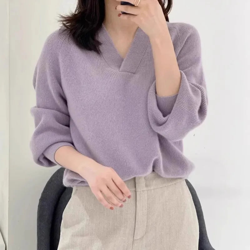 V-neck pure cashmere sweater women autumn and winter loose and versatile knitted sweater short wool base layer