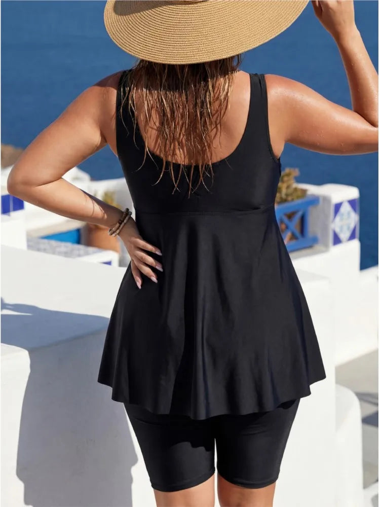 Women's V Neck Swimdress Top and Lace Panel Shorts Set