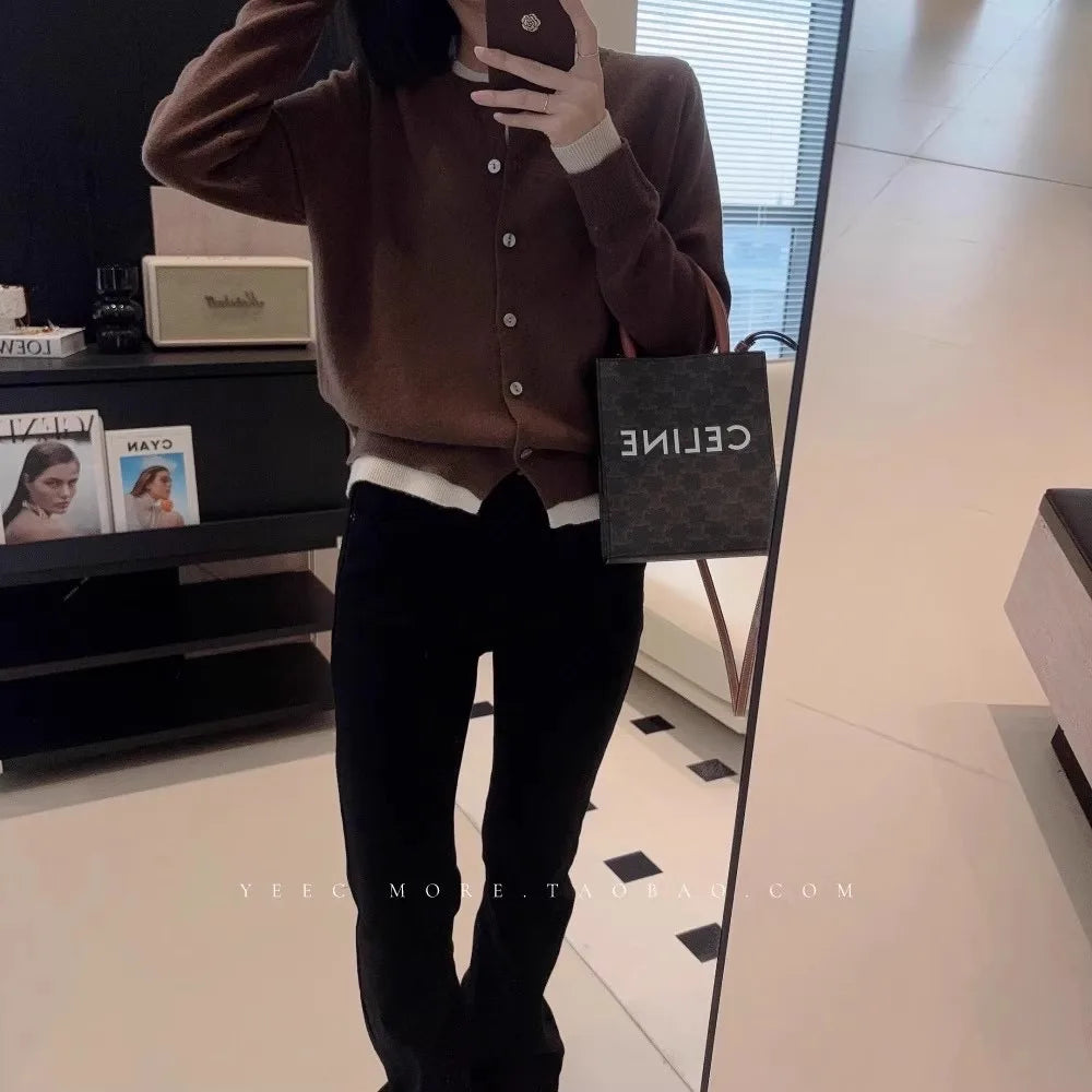 Fake two 100% pure cashmere sweater cardigan dark grey high-grade wool knit coat top