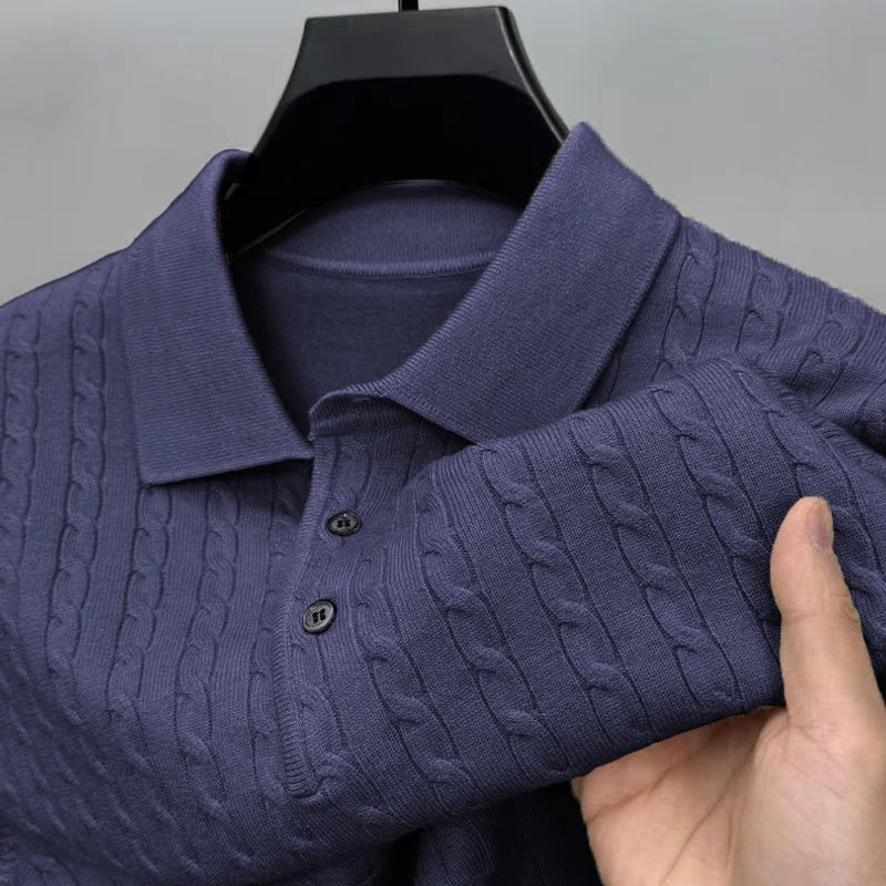 Men's Cable Knit Polo Collar Long Sleeve Sweater
