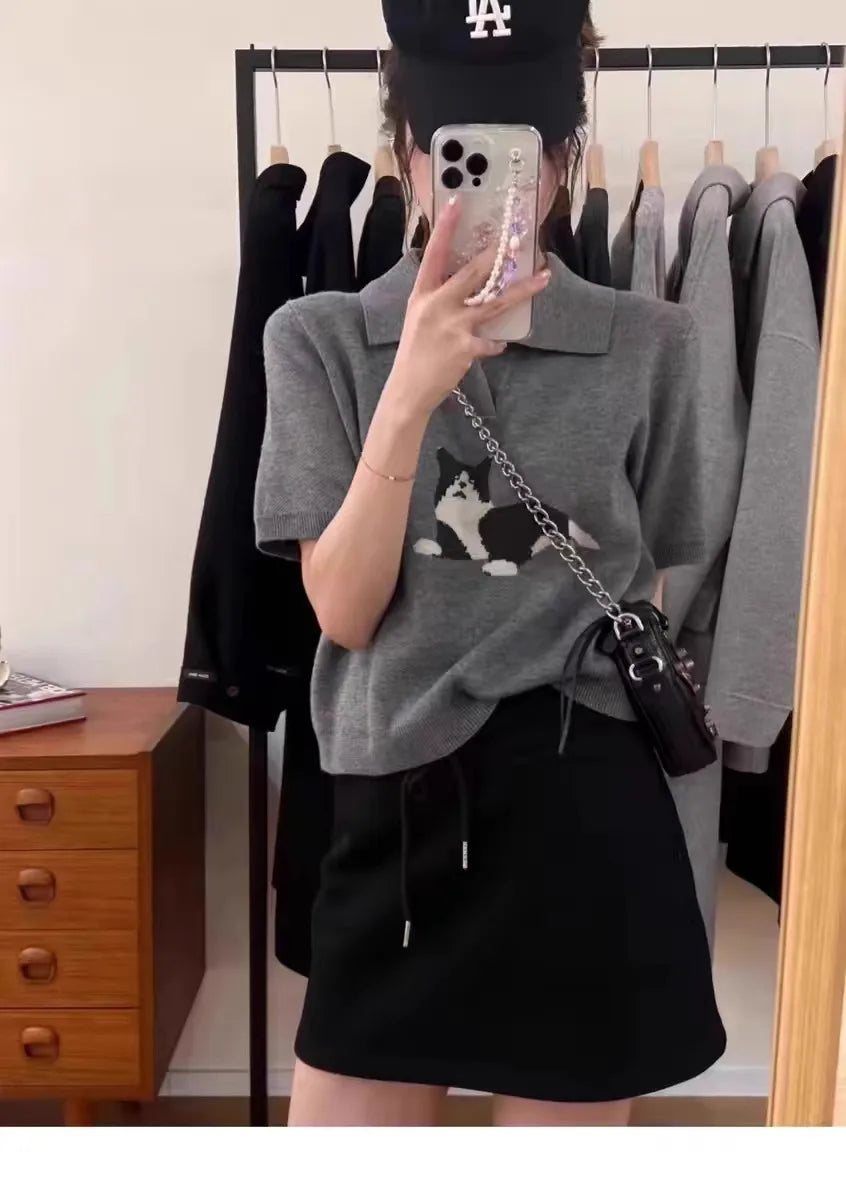 European vintage cat jacquard cashmere knitted short-sleeved women's lapel front-shoulder wool T-shirt, half-sleeved short top