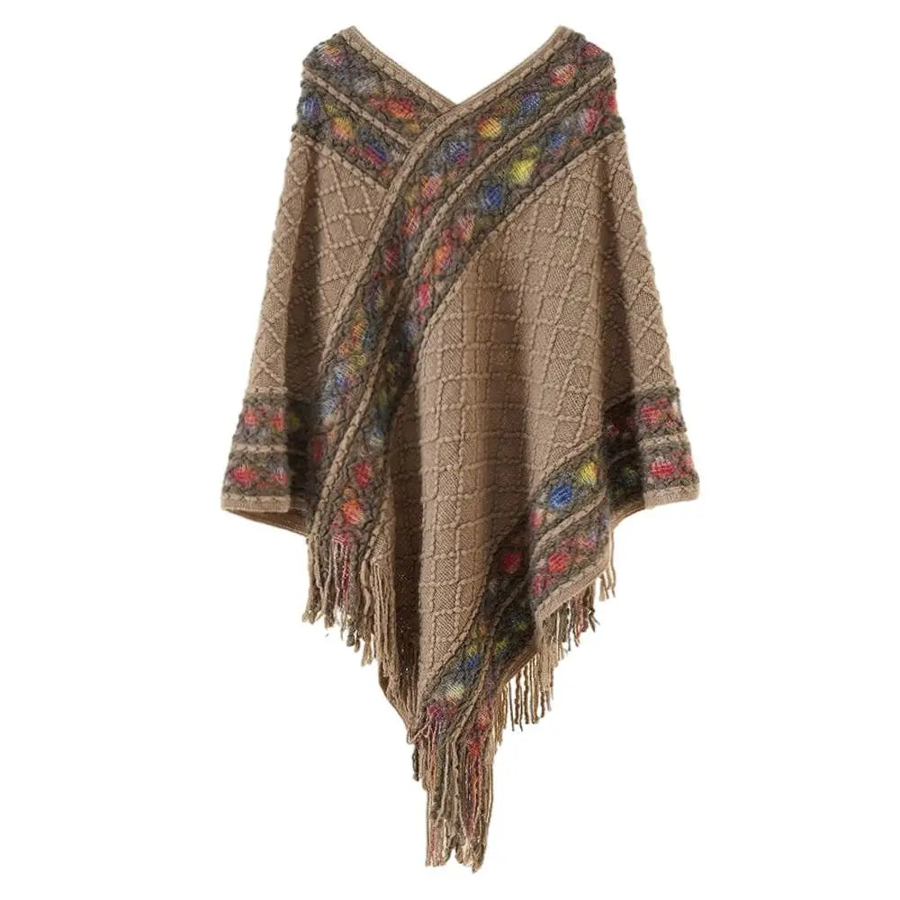 Patterned Fringe Hem Poncho for Layering over Outfits
