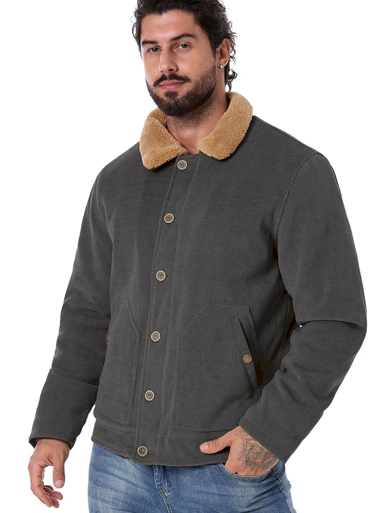 Men's Winter Corduroy Jacket Fleece Warm Lined Cargo Work Jacket Casual Thick Sherpa Collar Trucker Deck Navy Coats