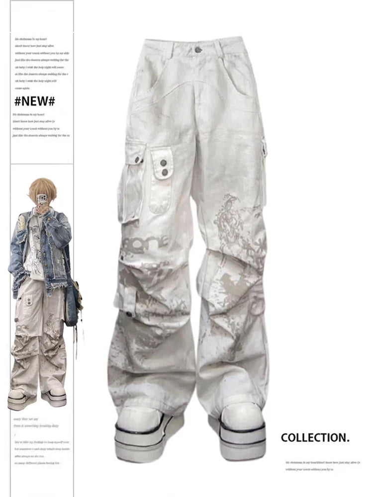 Women's Off White Wide Leg Cargo Pants with Layered Pocket Details
