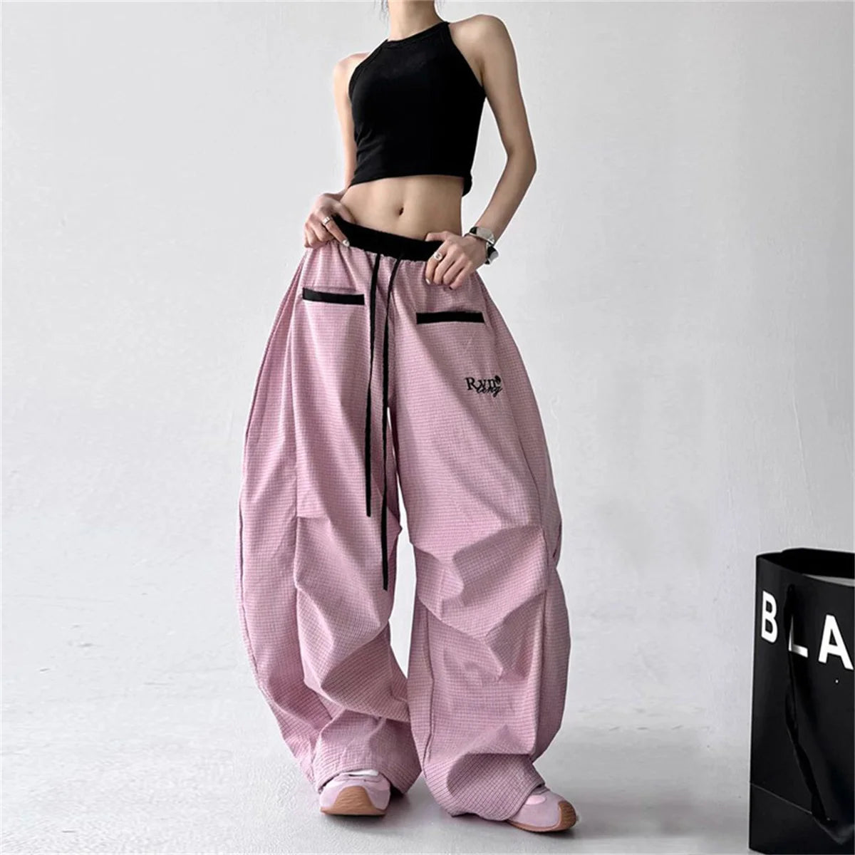 Women's Wide Leg Cargo Pants with Contrast Stripes and Drawstring Waist